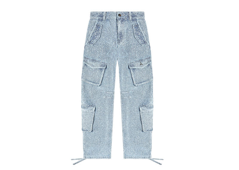 Maniere De Voir High Waisted Boucle Denim Cargo Pants Mid Blue