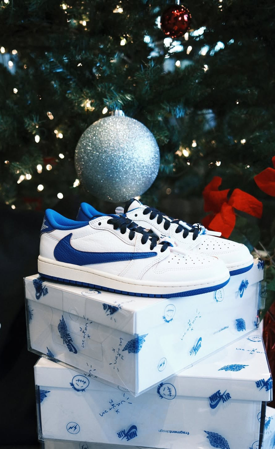 Air Jordan 1 Retro Low OG SP Fragment x Travis Scott - "Sail/Military Blue"