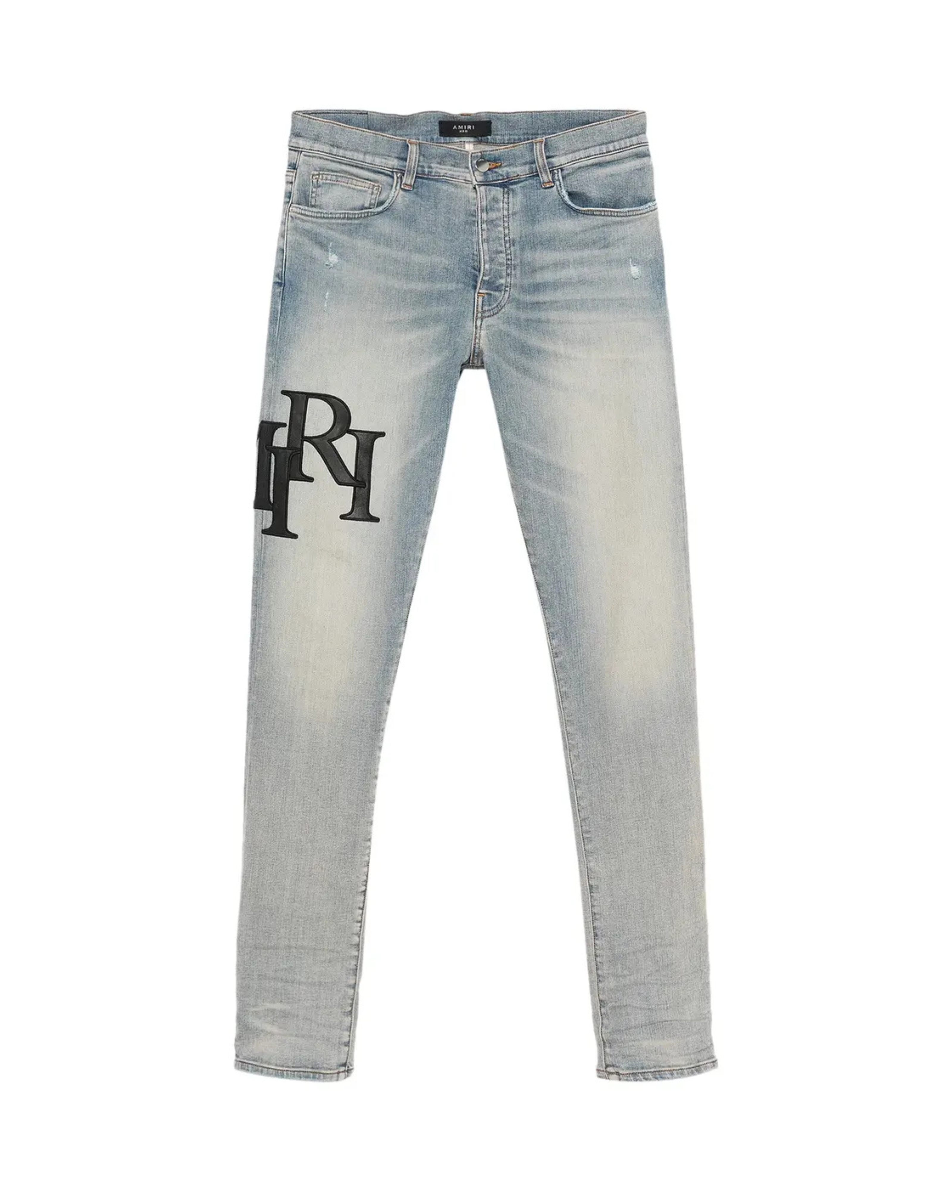Amiri Staggered Logo Skinny Jeans - "Antique Indigo Black"